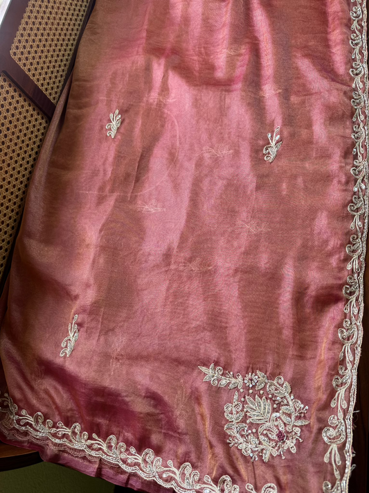 Luxe Tissue Saree with zari work - Pink Golden