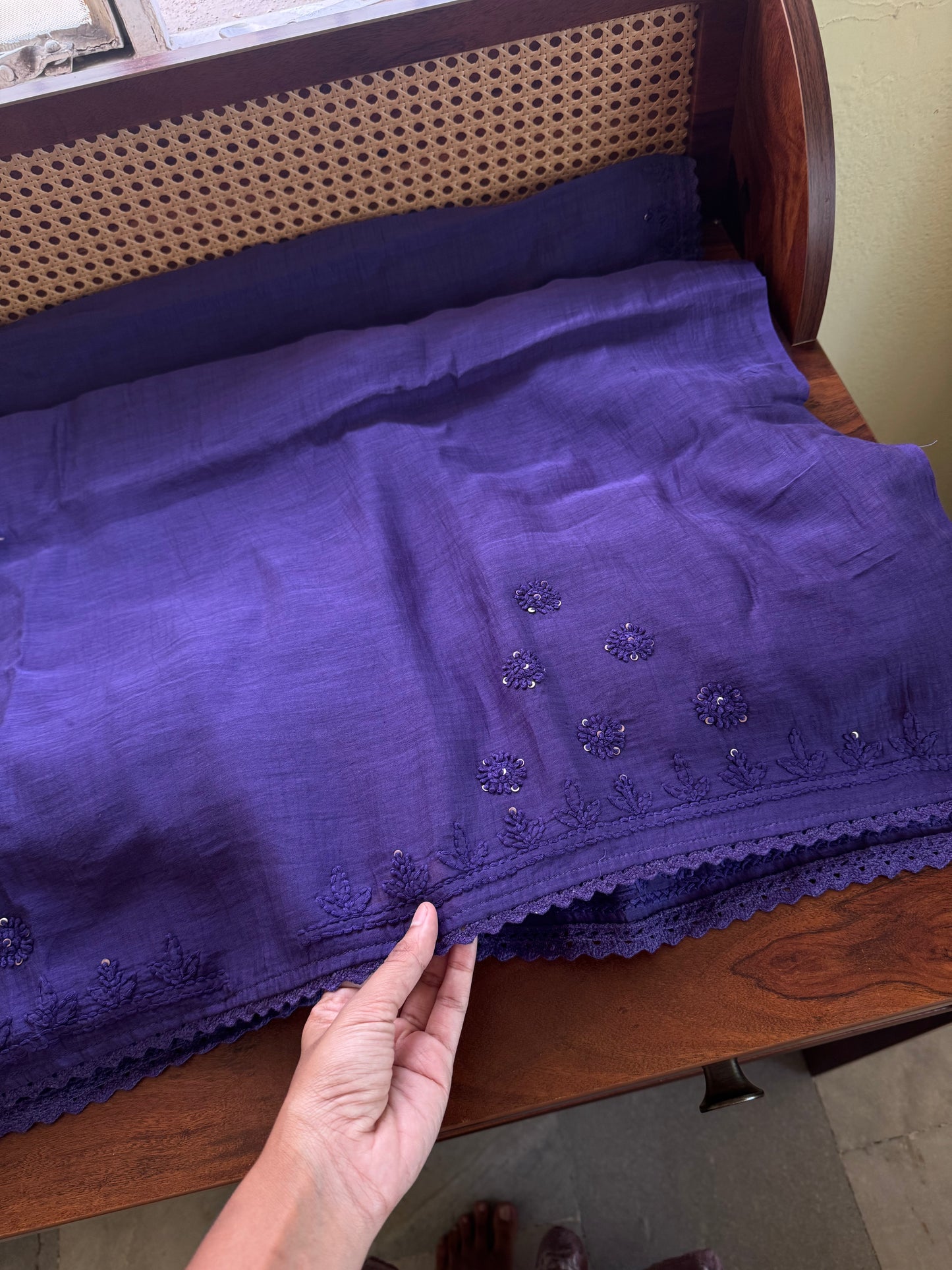 Pure Mul Chanderi Chikankari Saree - Violet