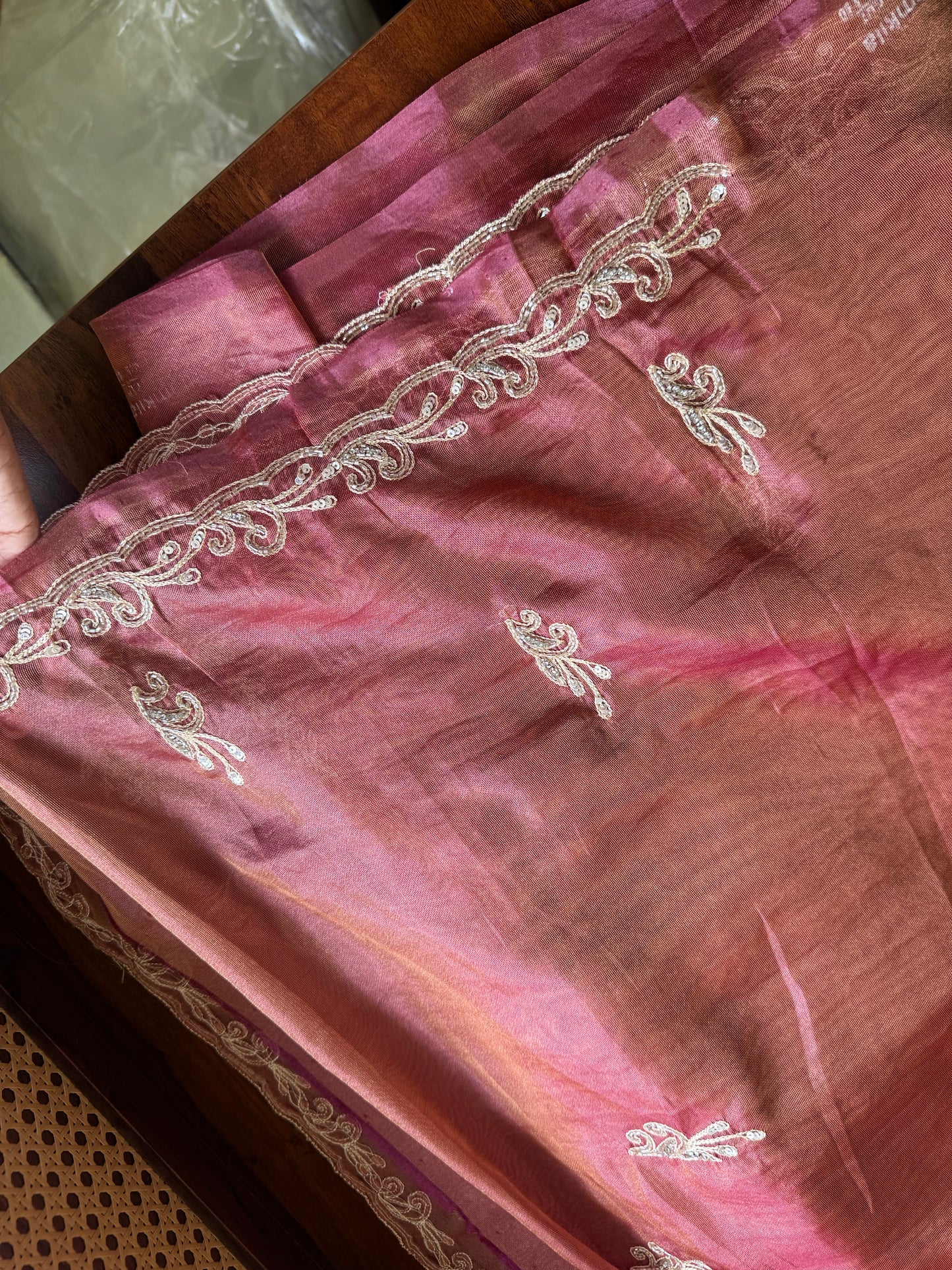 Luxe Tissue Saree with zari work - Pink Golden