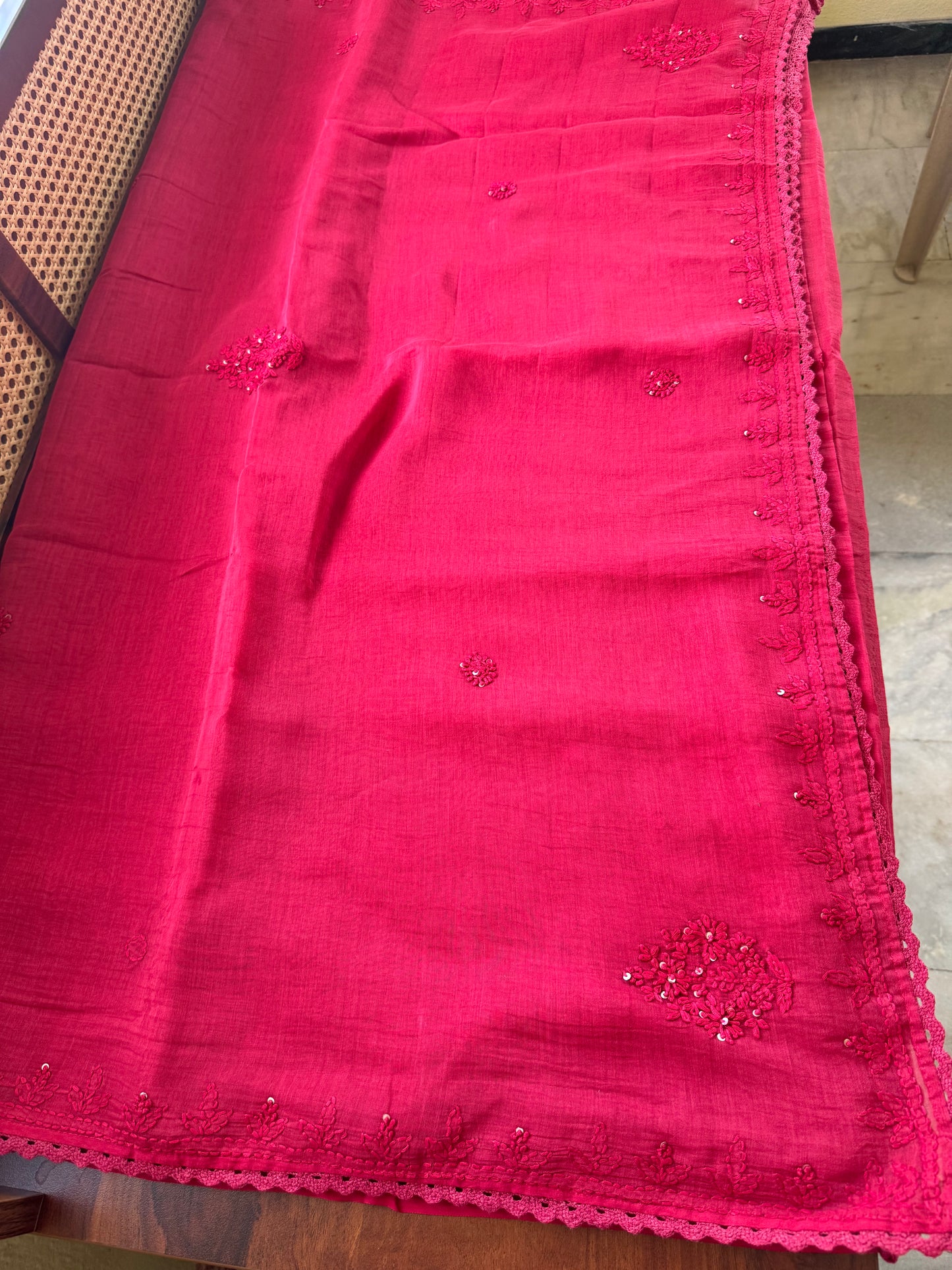 Pure Mul Chanderi Chikankari Saree - Crimson Pink