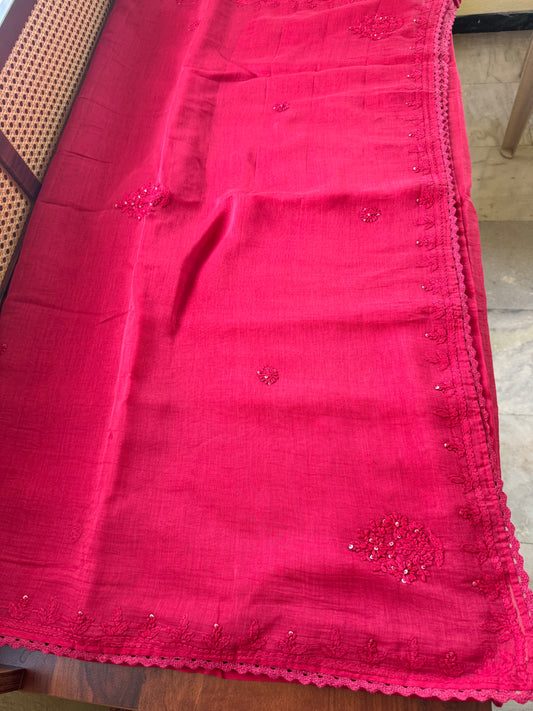 Pure Mul Chanderi Chikankari Saree - Crimson Pink