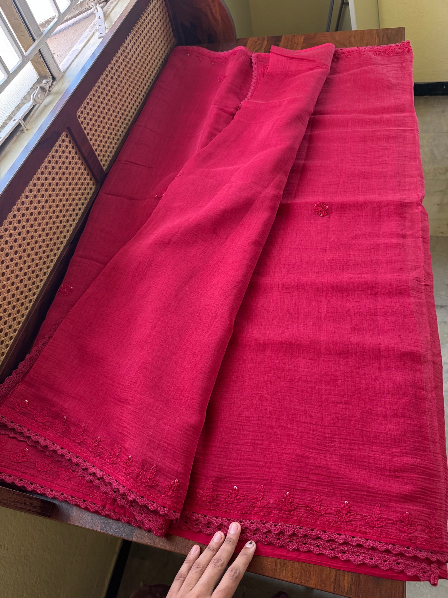 Pure Mul Chanderi Chikankari Saree - Crimson Pink