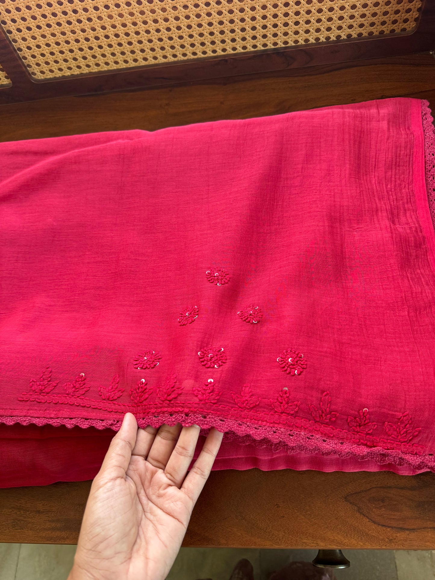 Pure Mul Chanderi Chikankari Saree - Crimson Pink