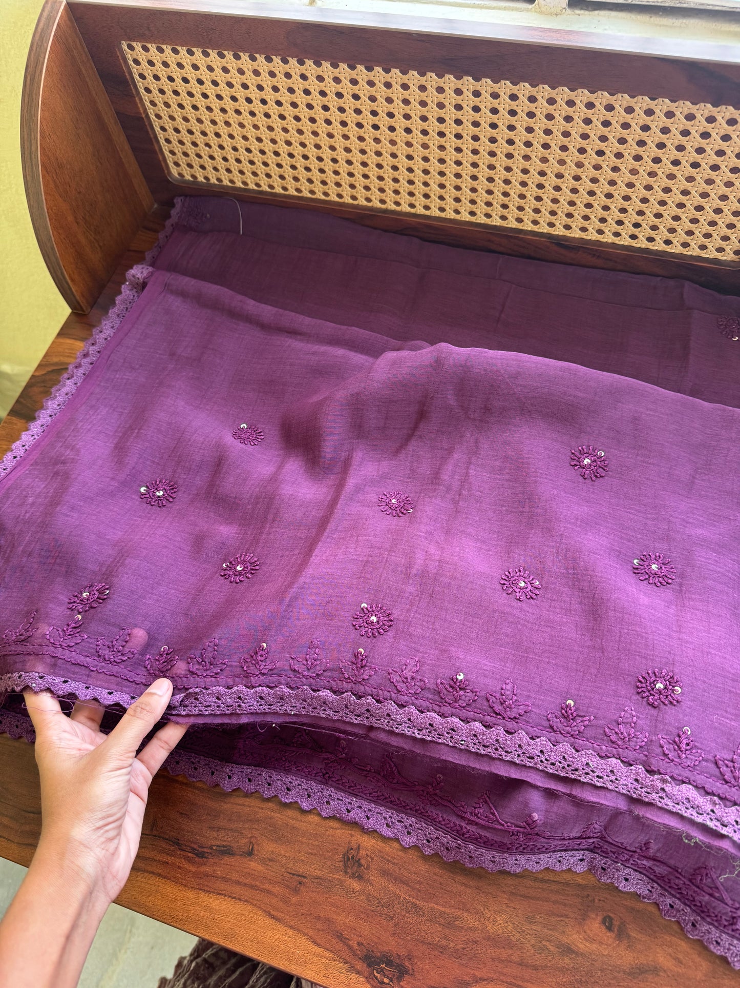 Pure Mul Chanderi Chikankari Saree - Purple