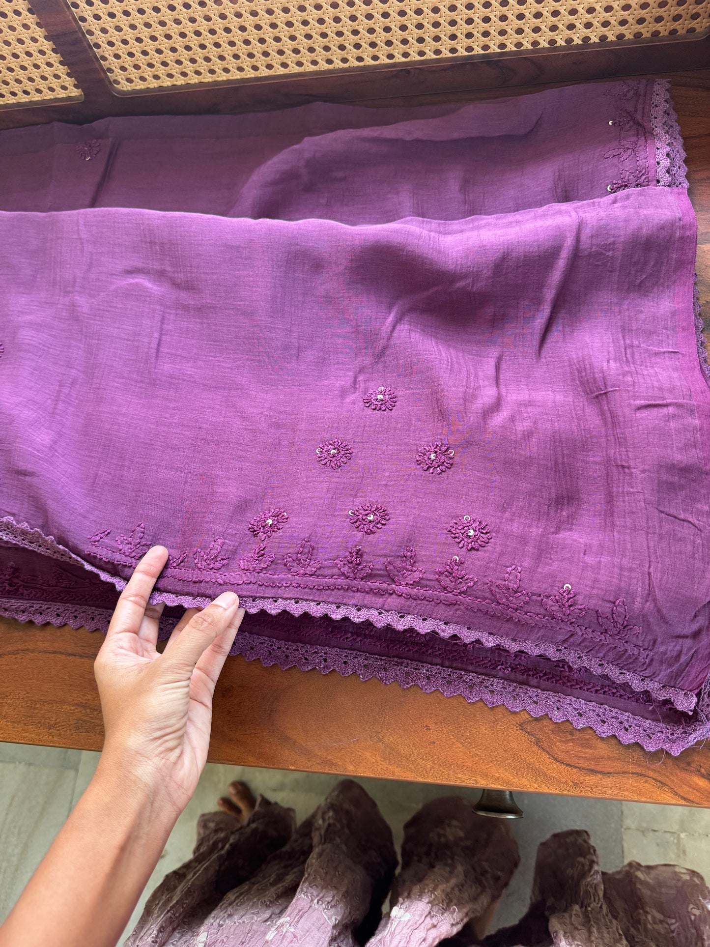 Pure Mul Chanderi Chikankari Saree - Purple