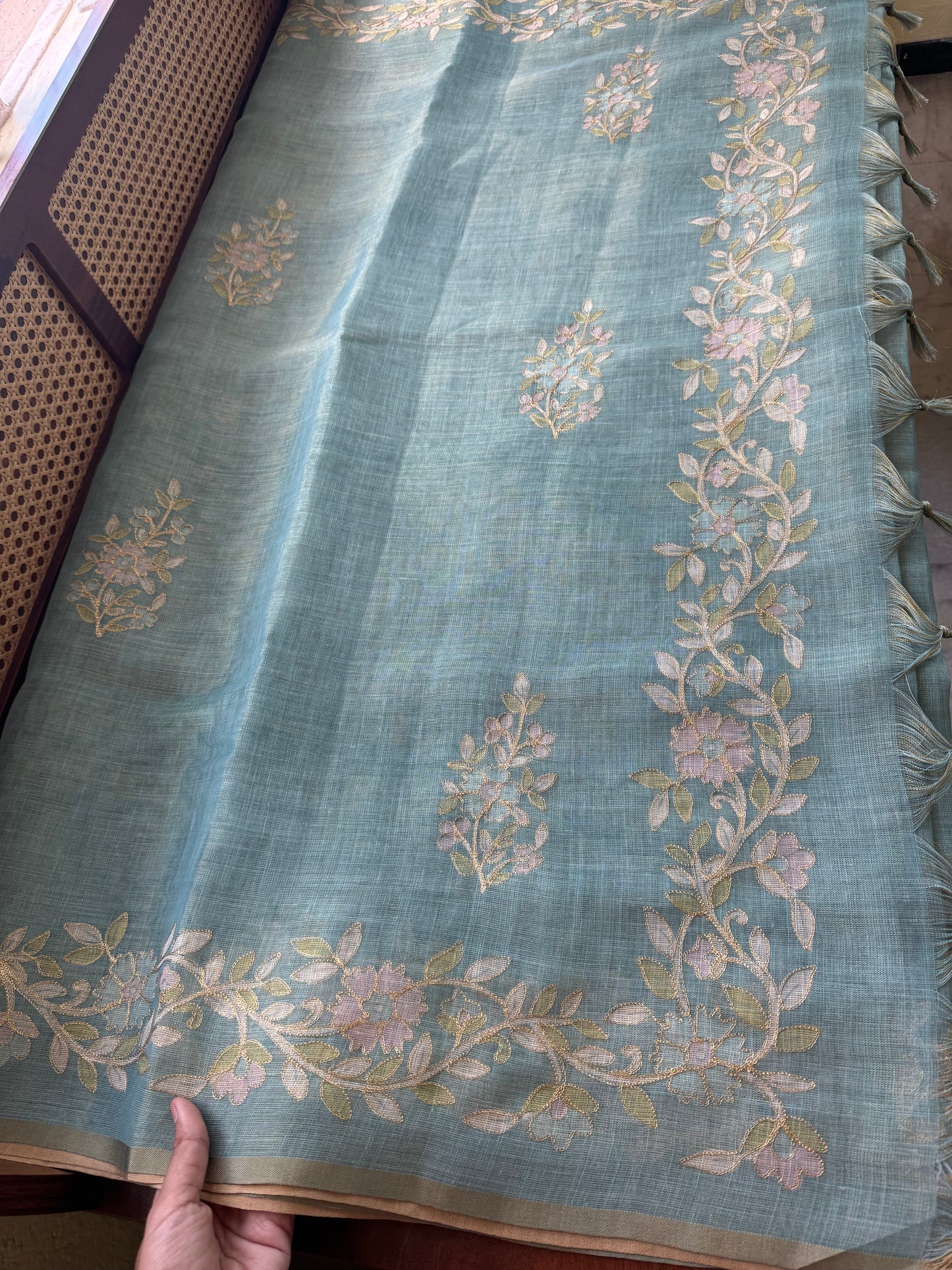 Tissue Linen Saree with Aari work - Blue