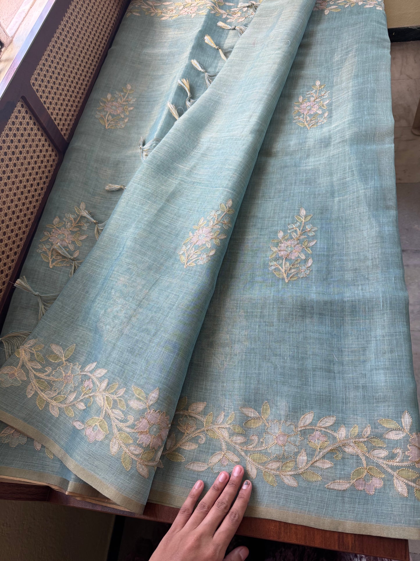 Tissue Linen Saree with Aari work - Blue