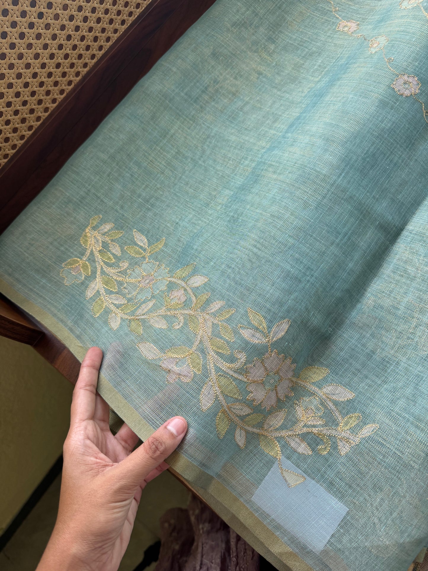 Tissue Linen Saree with Aari work - Blue