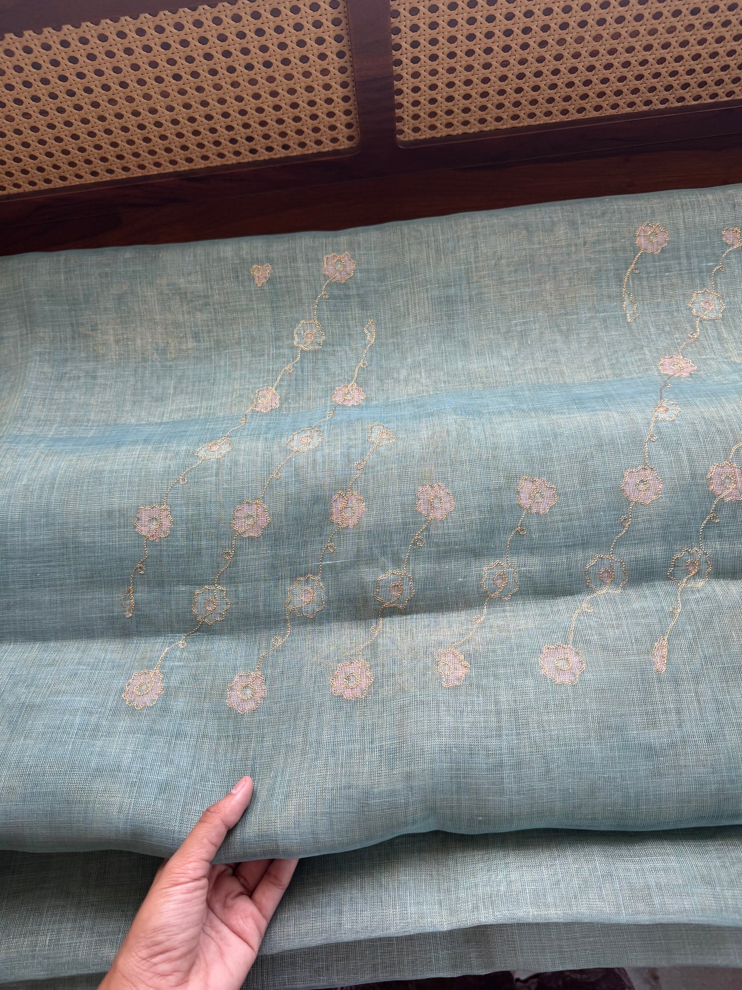 Tissue Linen Saree with Aari work - Blue