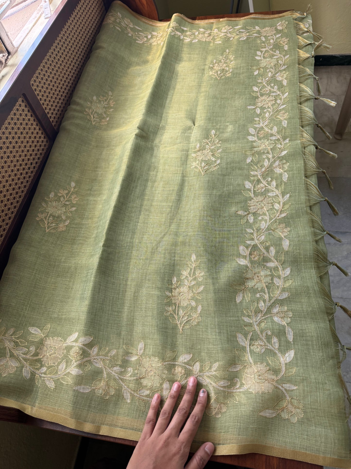 Tissue Linen Saree with Aari work - Green