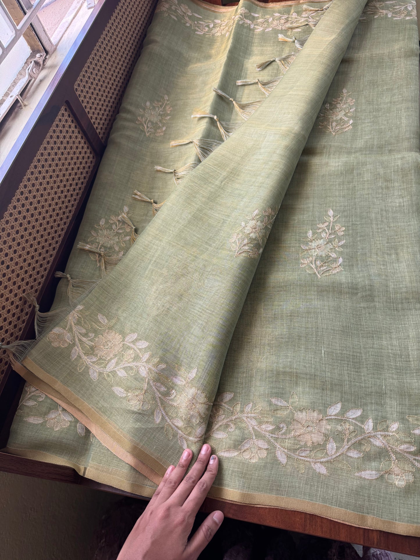 Tissue Linen Saree with Aari work - Green
