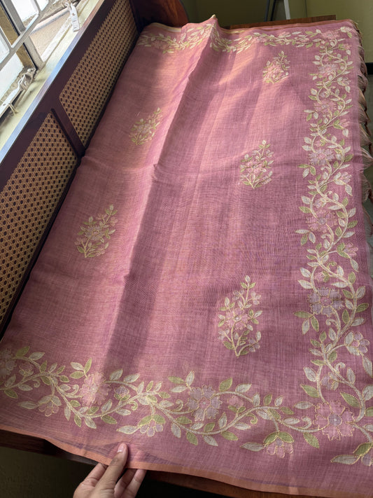Tissue Linen Saree with Aari work - Pink