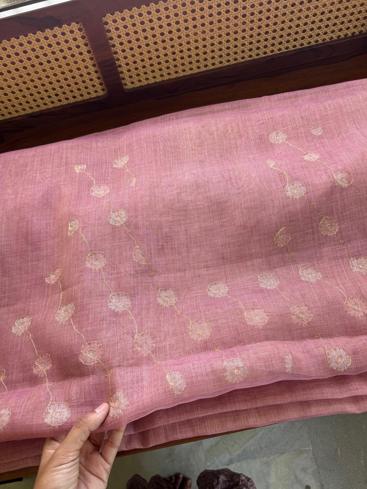 Tissue Linen Saree with Aari work - Pink