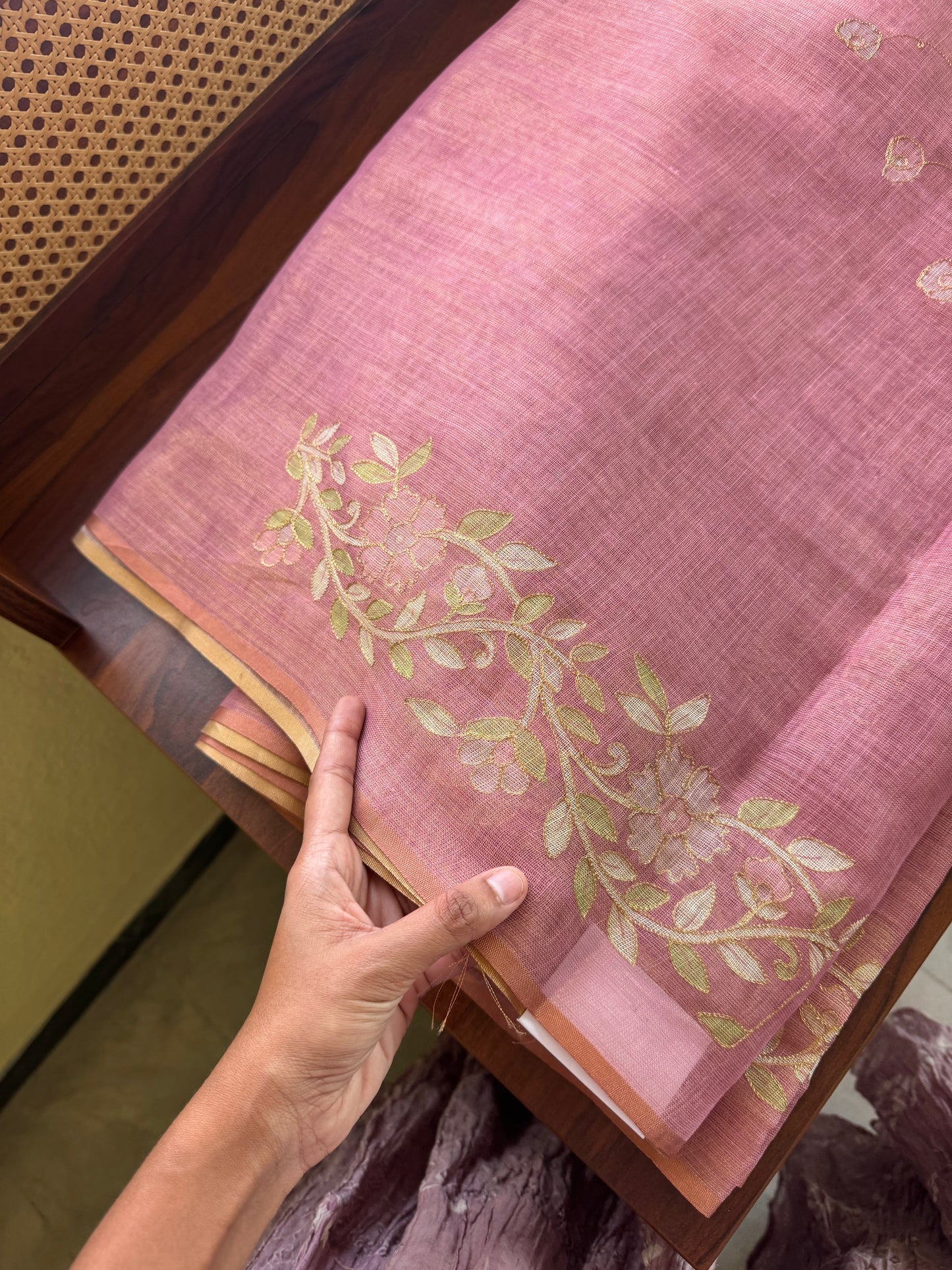 Tissue Linen Saree with Aari work - Pink