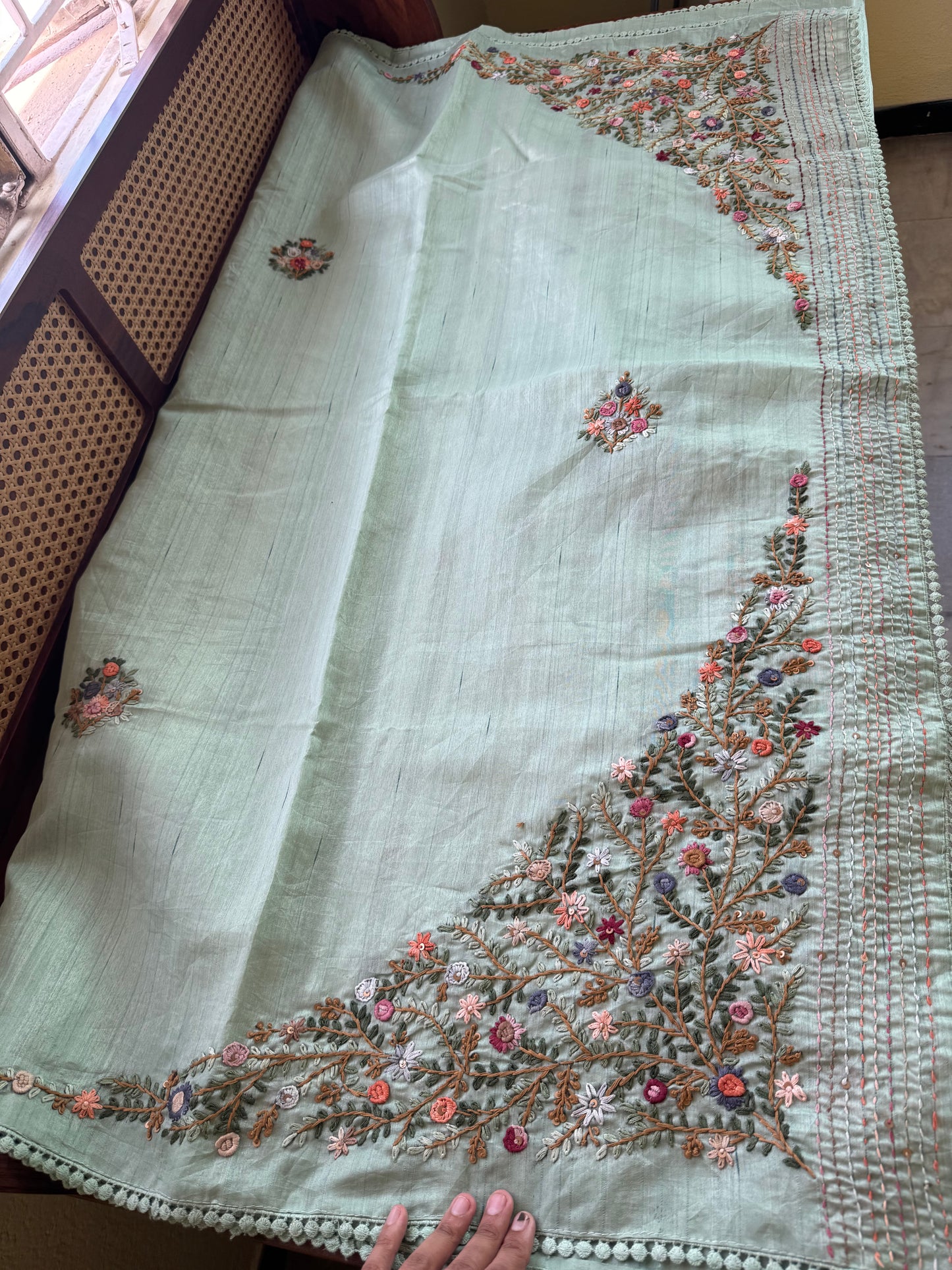 Hand Embroidered Tussar Blend Saree with heavy blouse  - Green