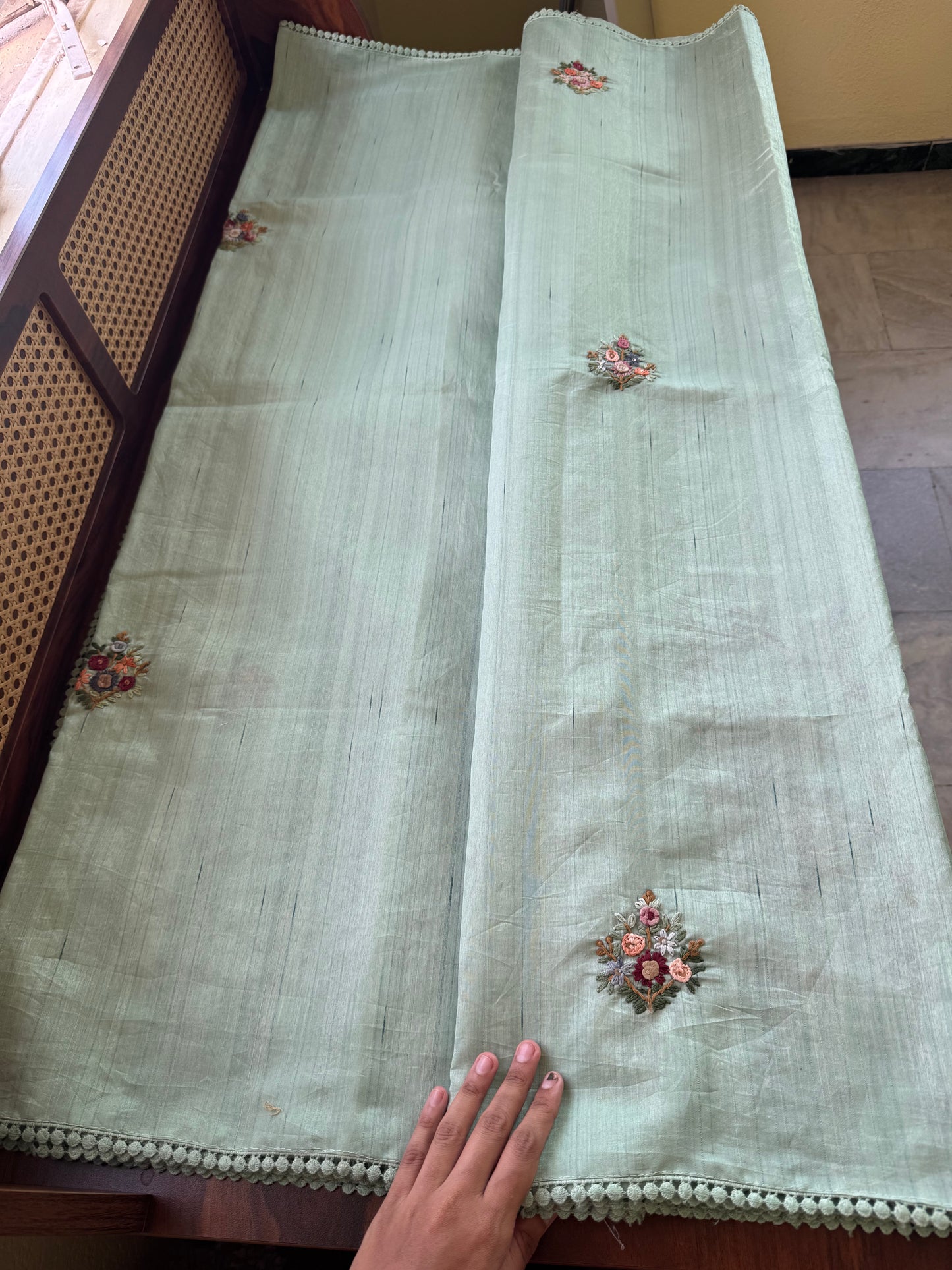 Hand Embroidered Tussar Blend Saree with heavy blouse  - Green