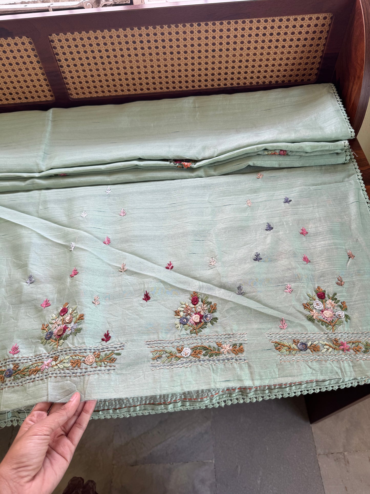 Hand Embroidered Tussar Blend Saree with heavy blouse  - Green