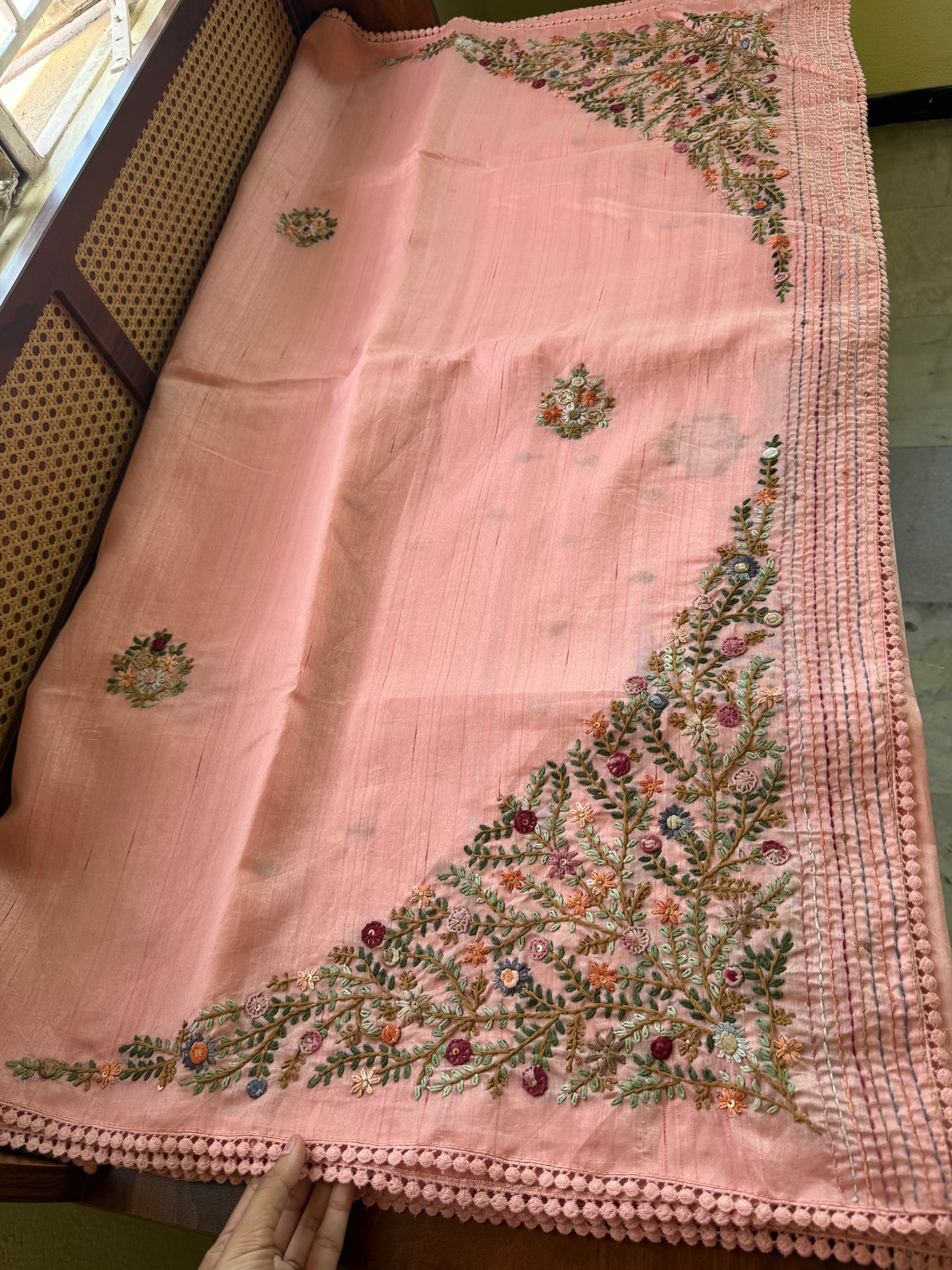 Hand Embroidered Tussar Blend Saree with heavy blouse  - Peach
