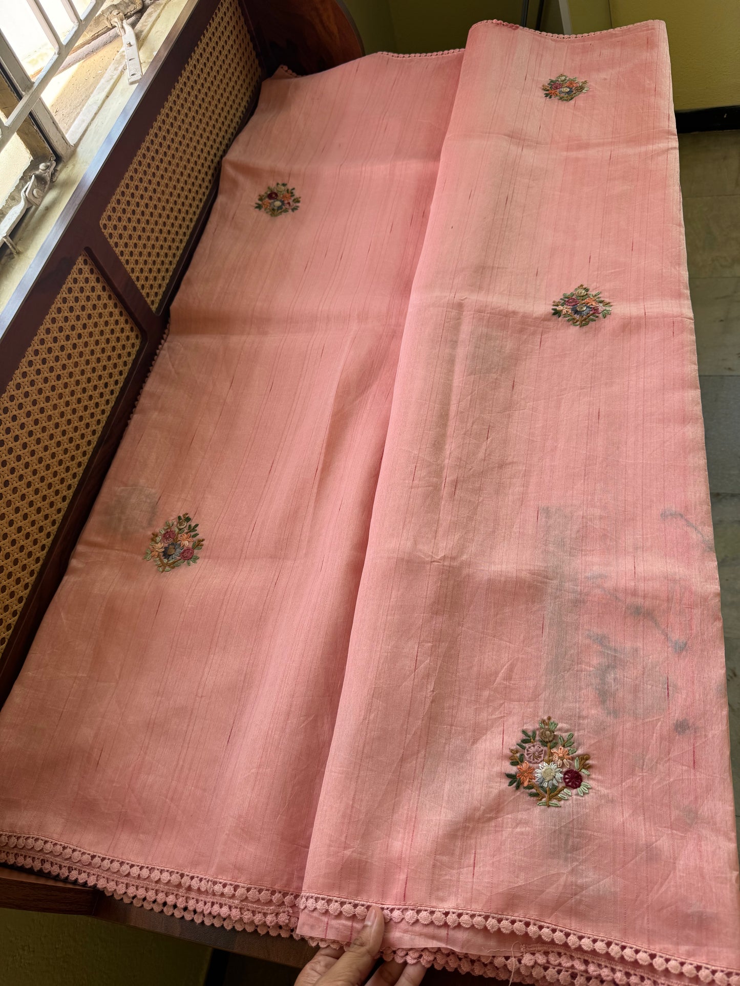 Hand Embroidered Tussar Blend Saree with heavy blouse  - Peach