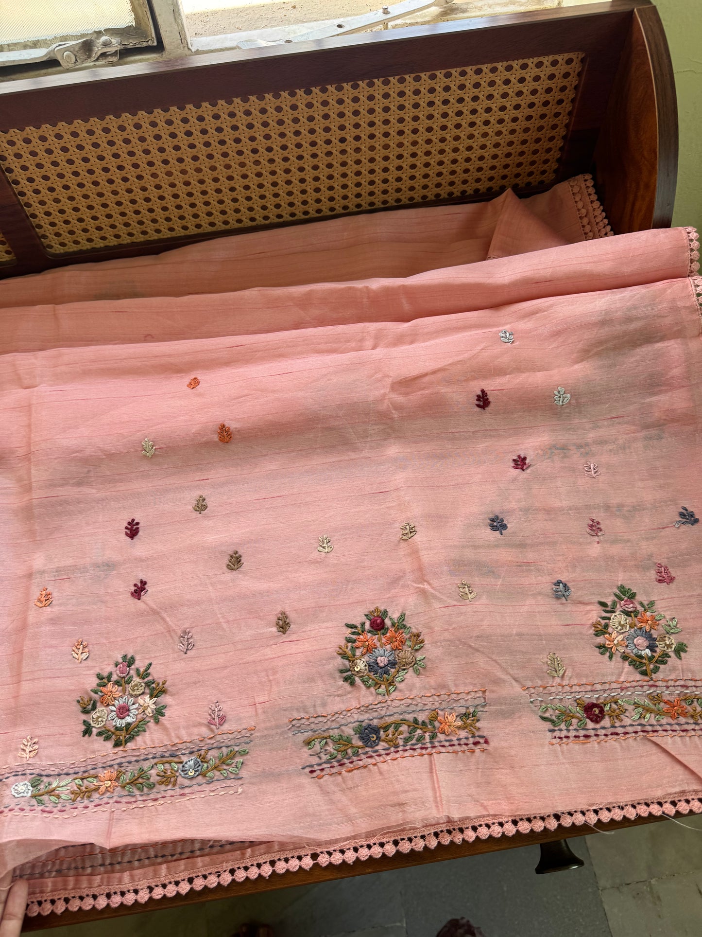 Hand Embroidered Tussar Blend Saree with heavy blouse  - Peach