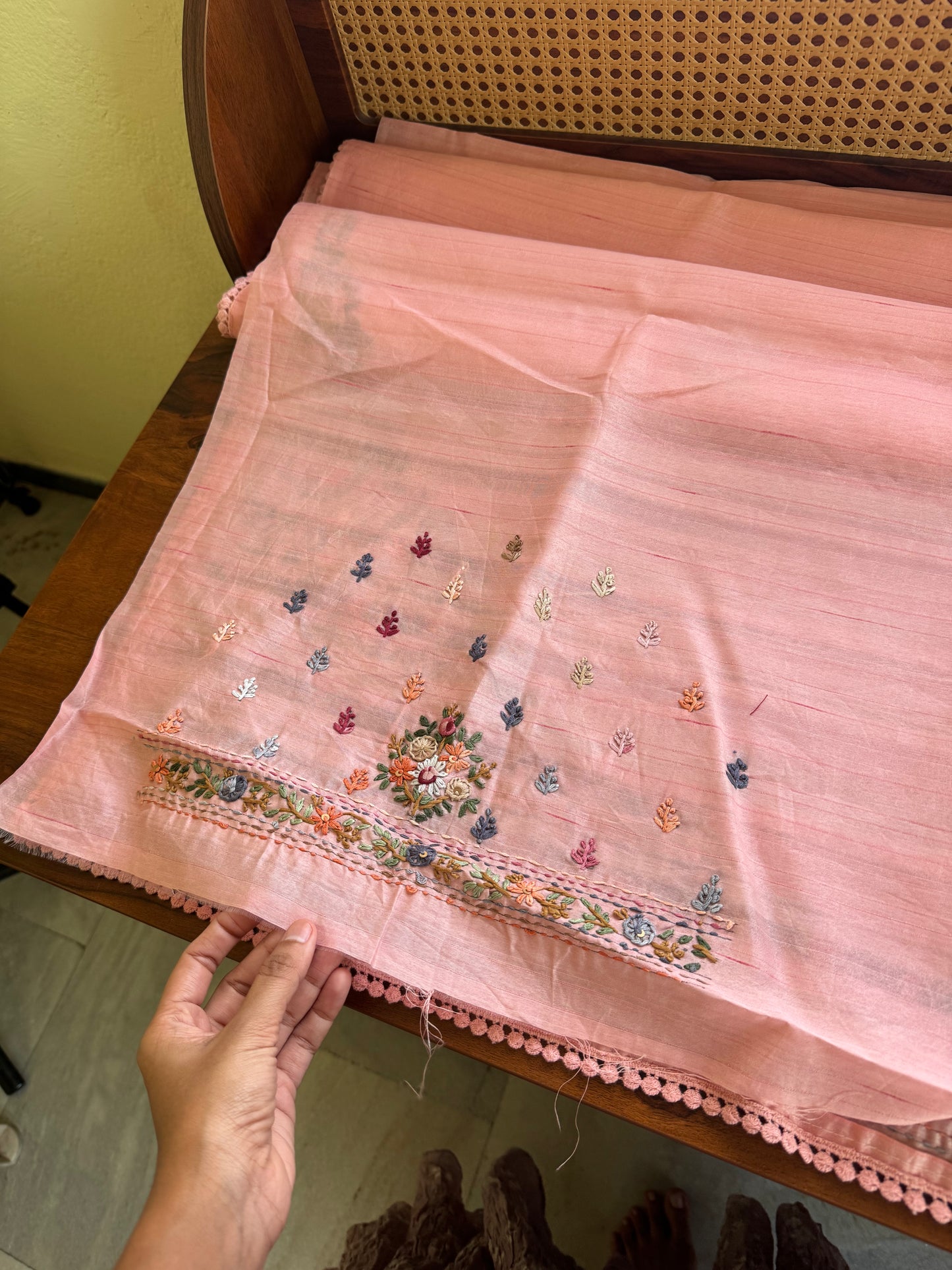 Hand Embroidered Tussar Blend Saree with heavy blouse  - Peach