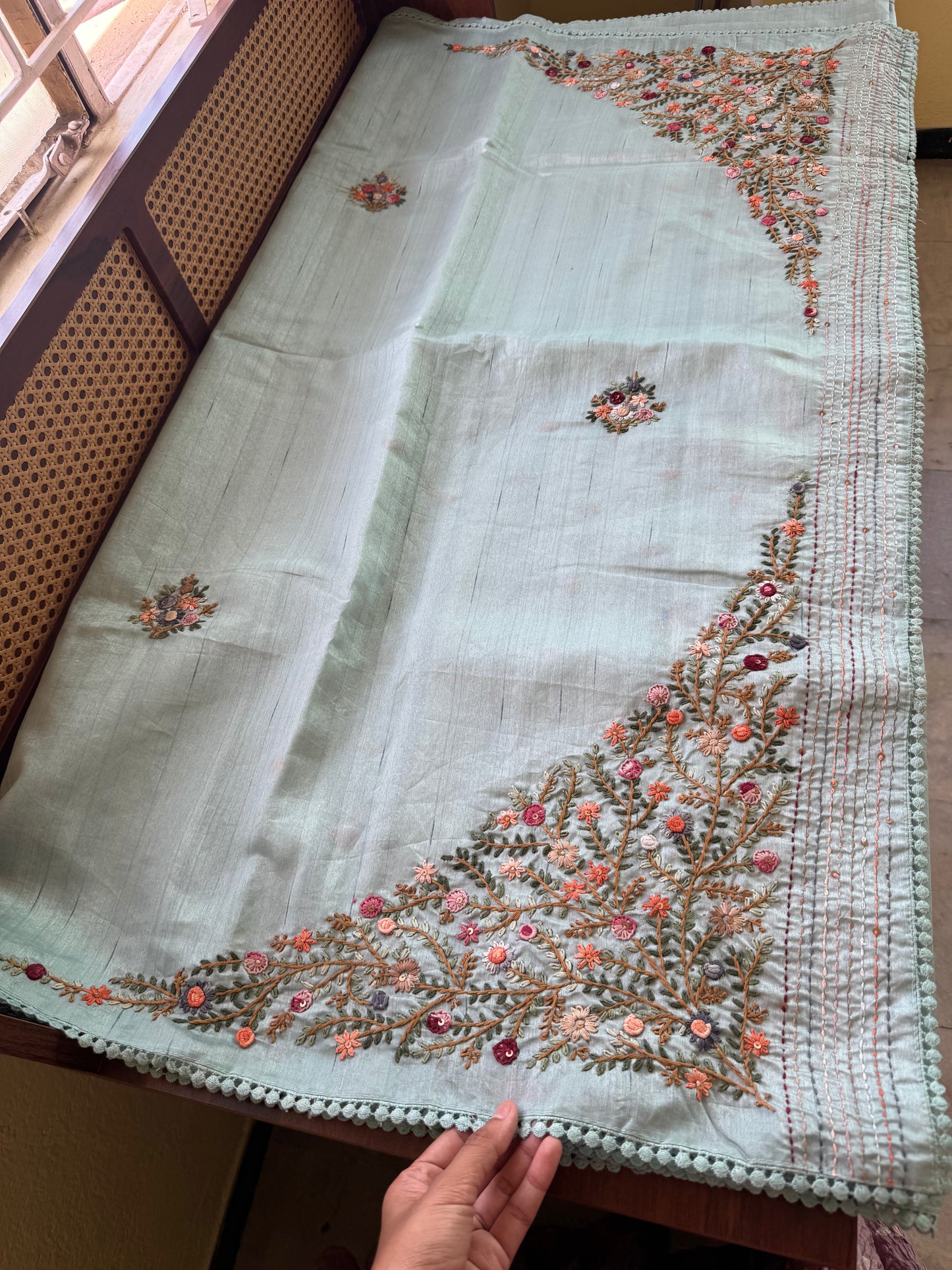 Hand Embroidered Tussar Blend Saree with heavy blouse  - Blue