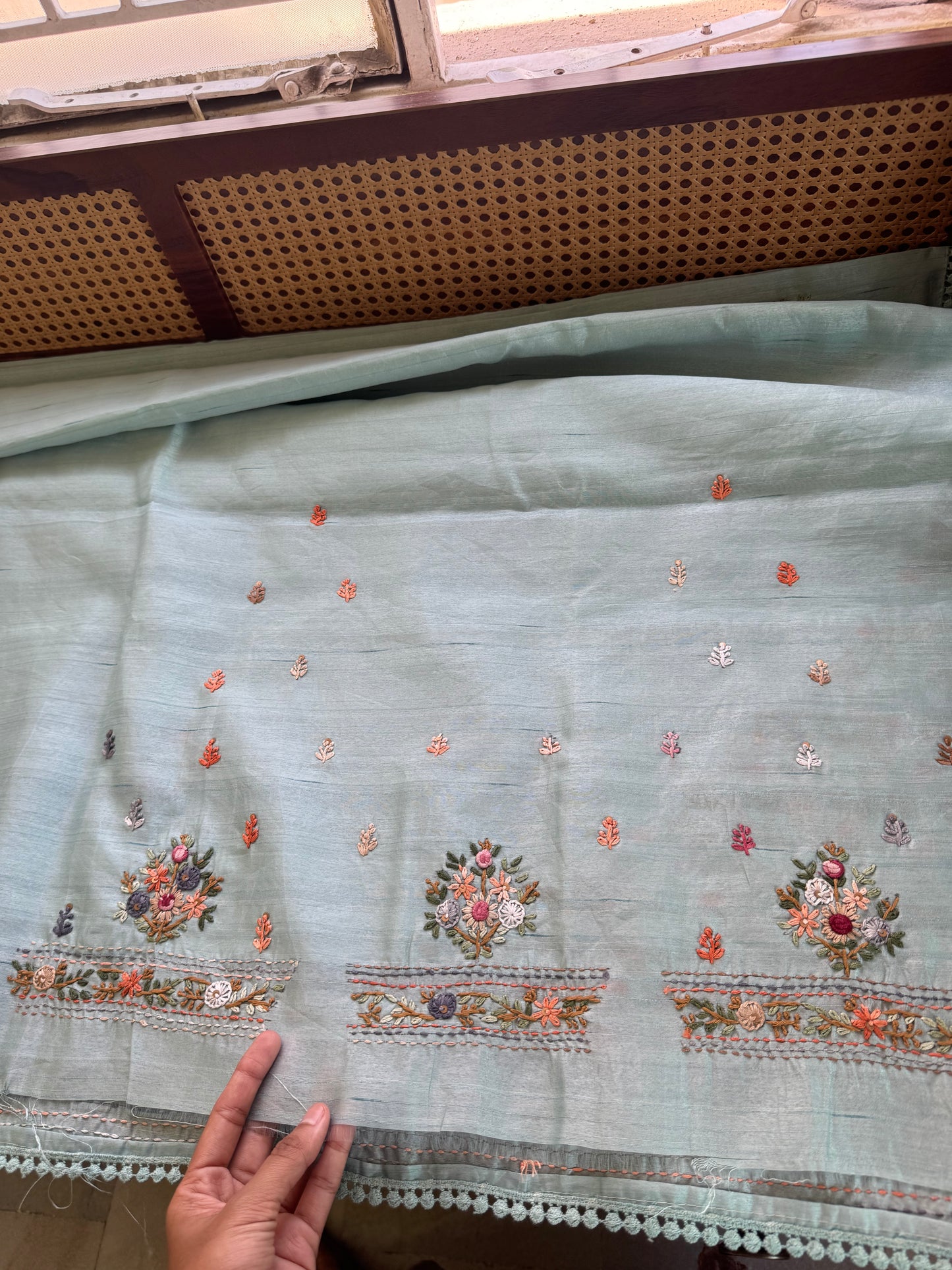 Hand Embroidered Tussar Blend Saree with heavy blouse  - Blue