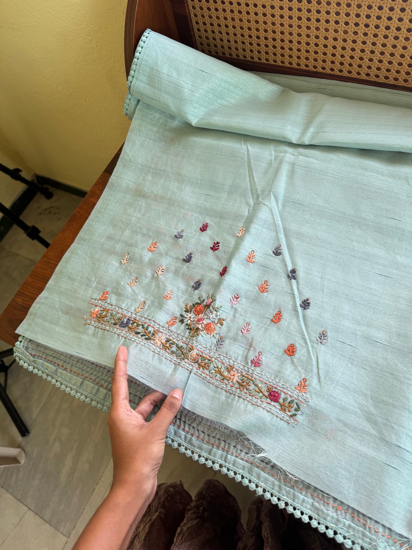 Hand Embroidered Tussar Blend Saree with heavy blouse  - Blue