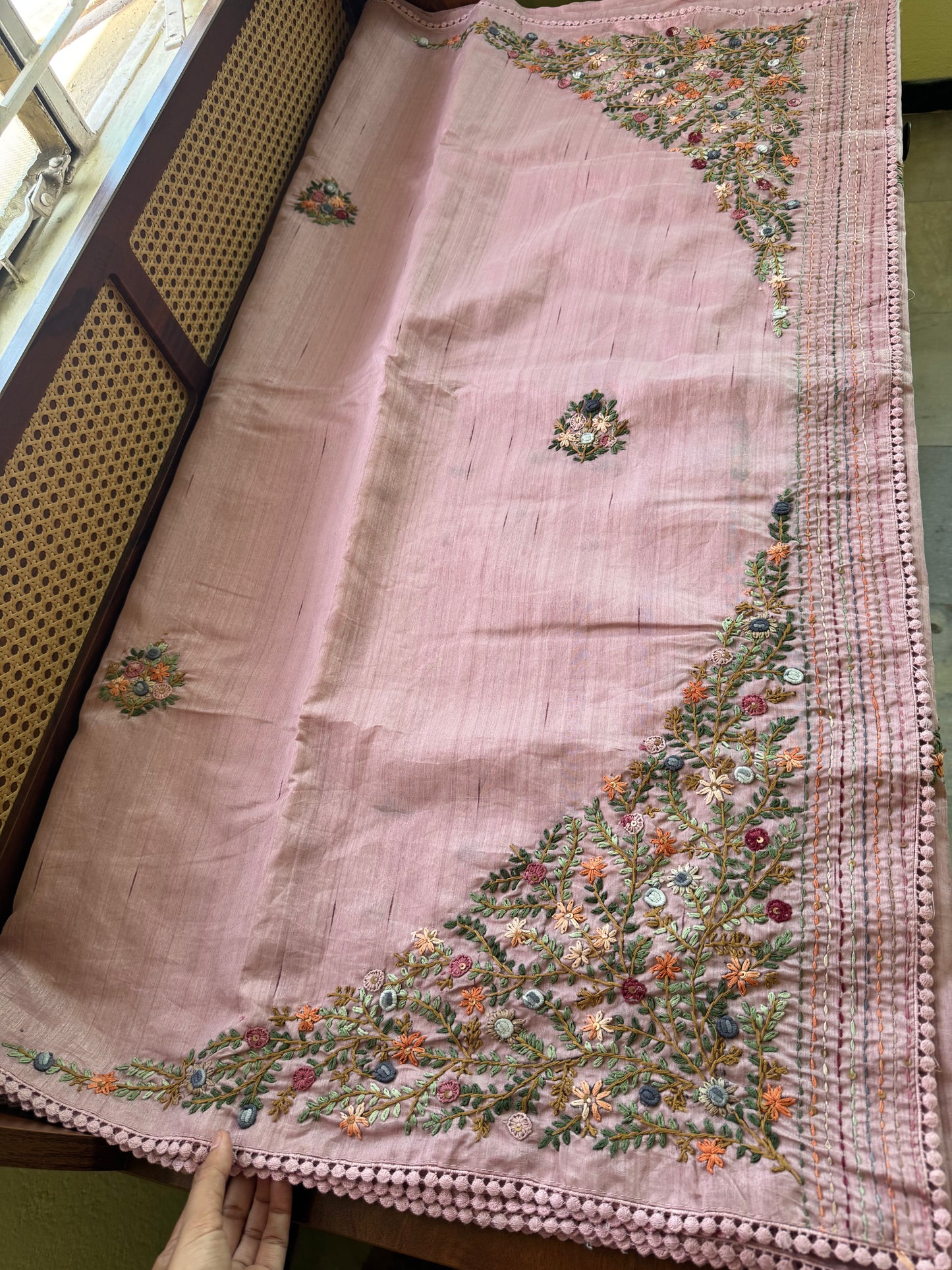 Hand Embroidered Tussar Blend Saree with heavy blouse  - Pink
