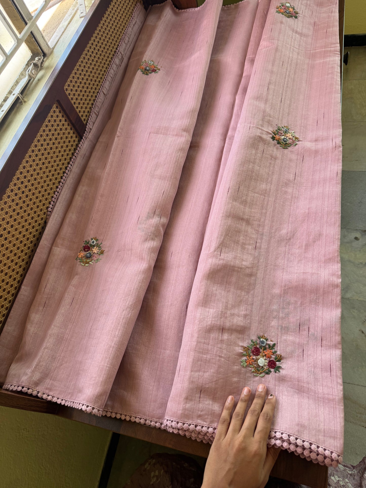Hand Embroidered Tussar Blend Saree with heavy blouse  - Pink
