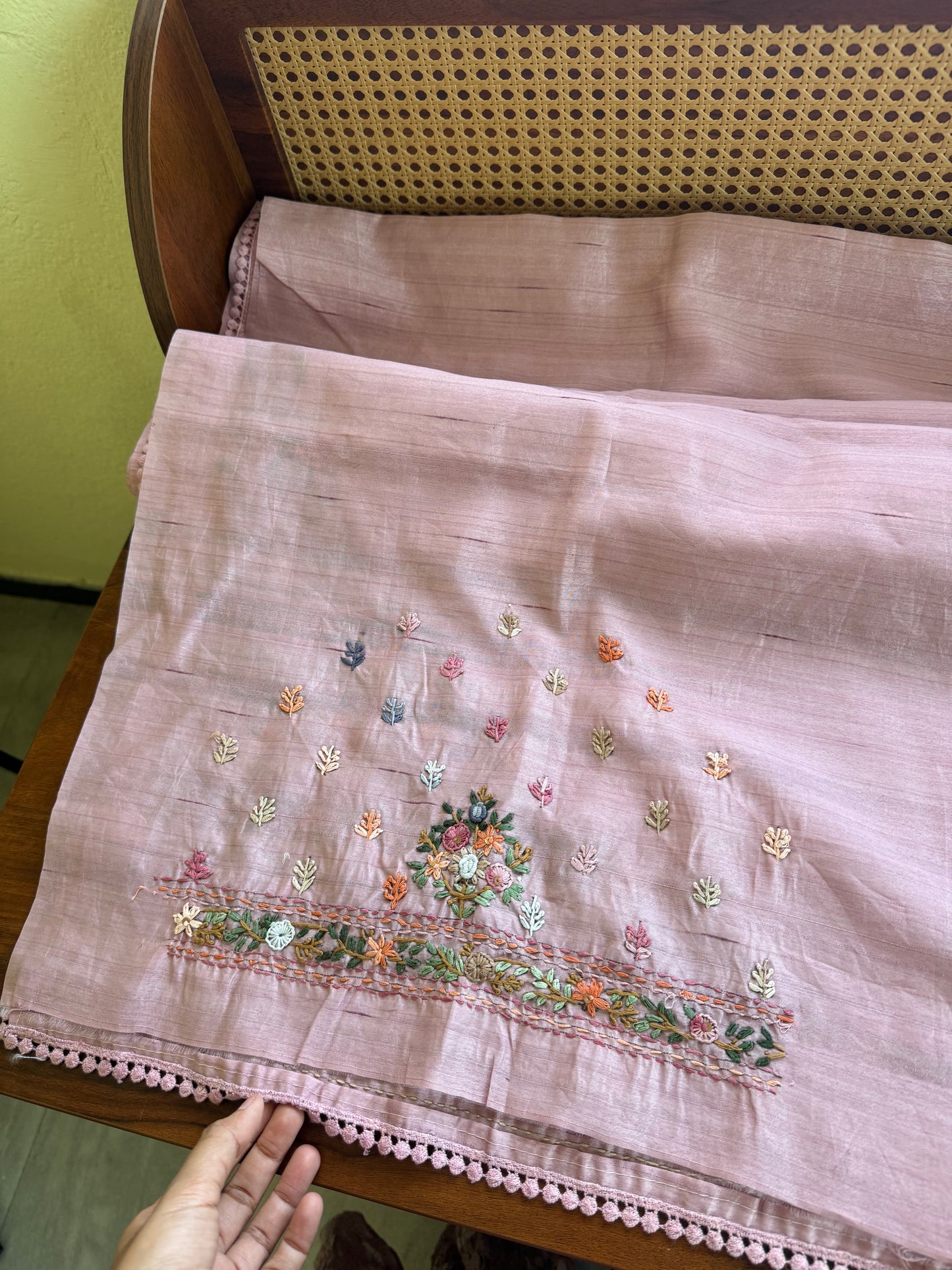 Hand Embroidered Tussar Blend Saree with heavy blouse  - Pink