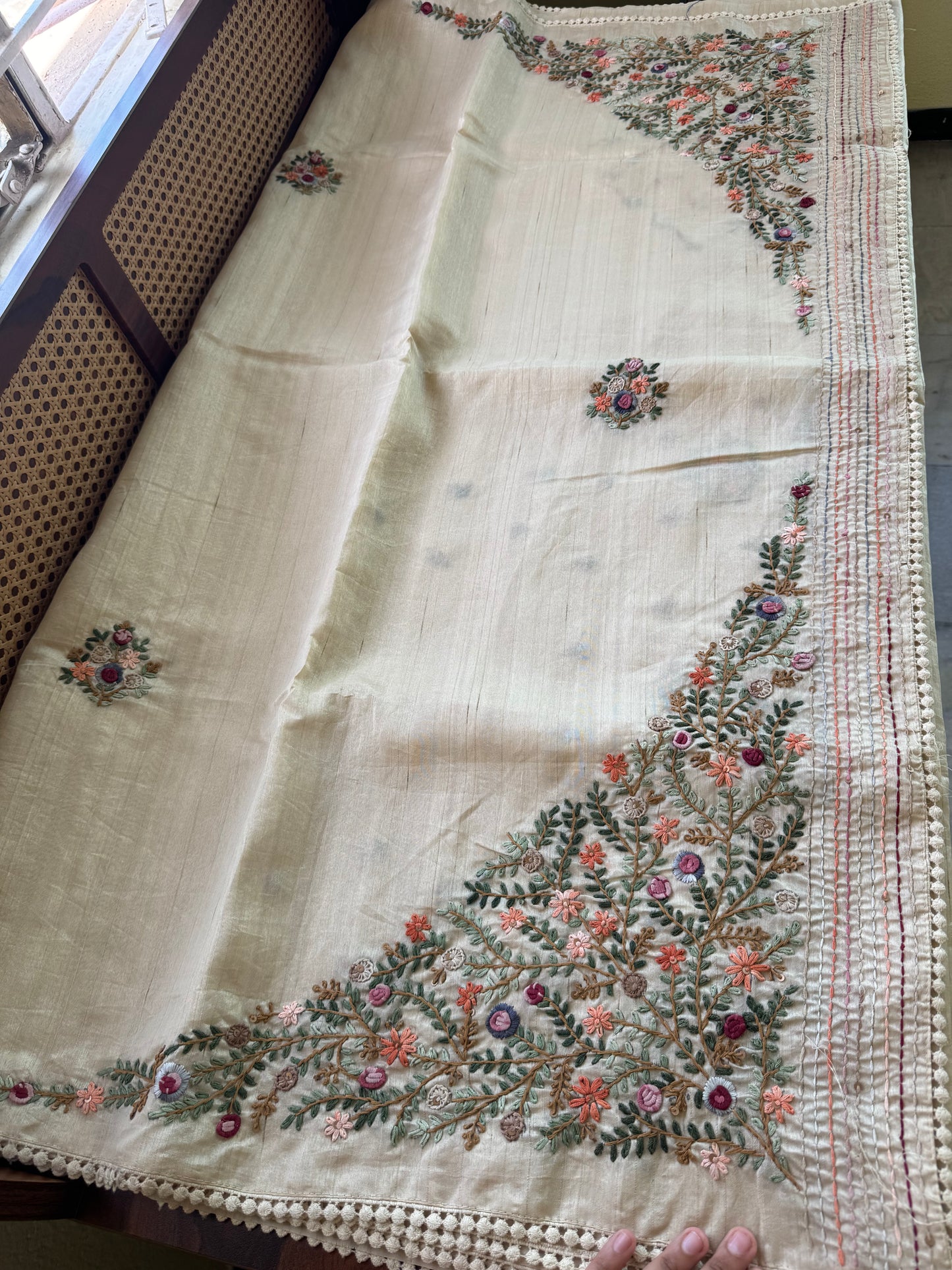 Hand Embroidered Tussar Blend Saree with heavy blouse  - Beige