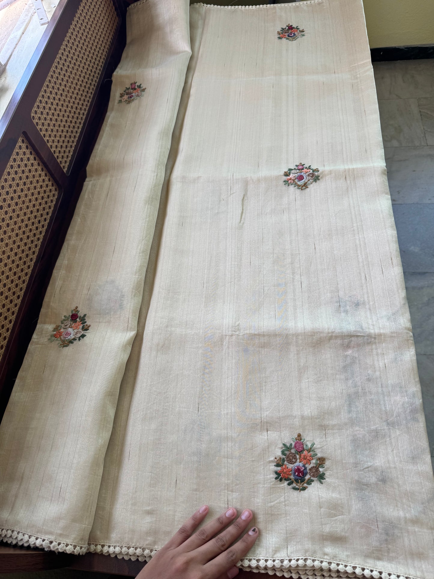 Hand Embroidered Tussar Blend Saree with heavy blouse  - Beige