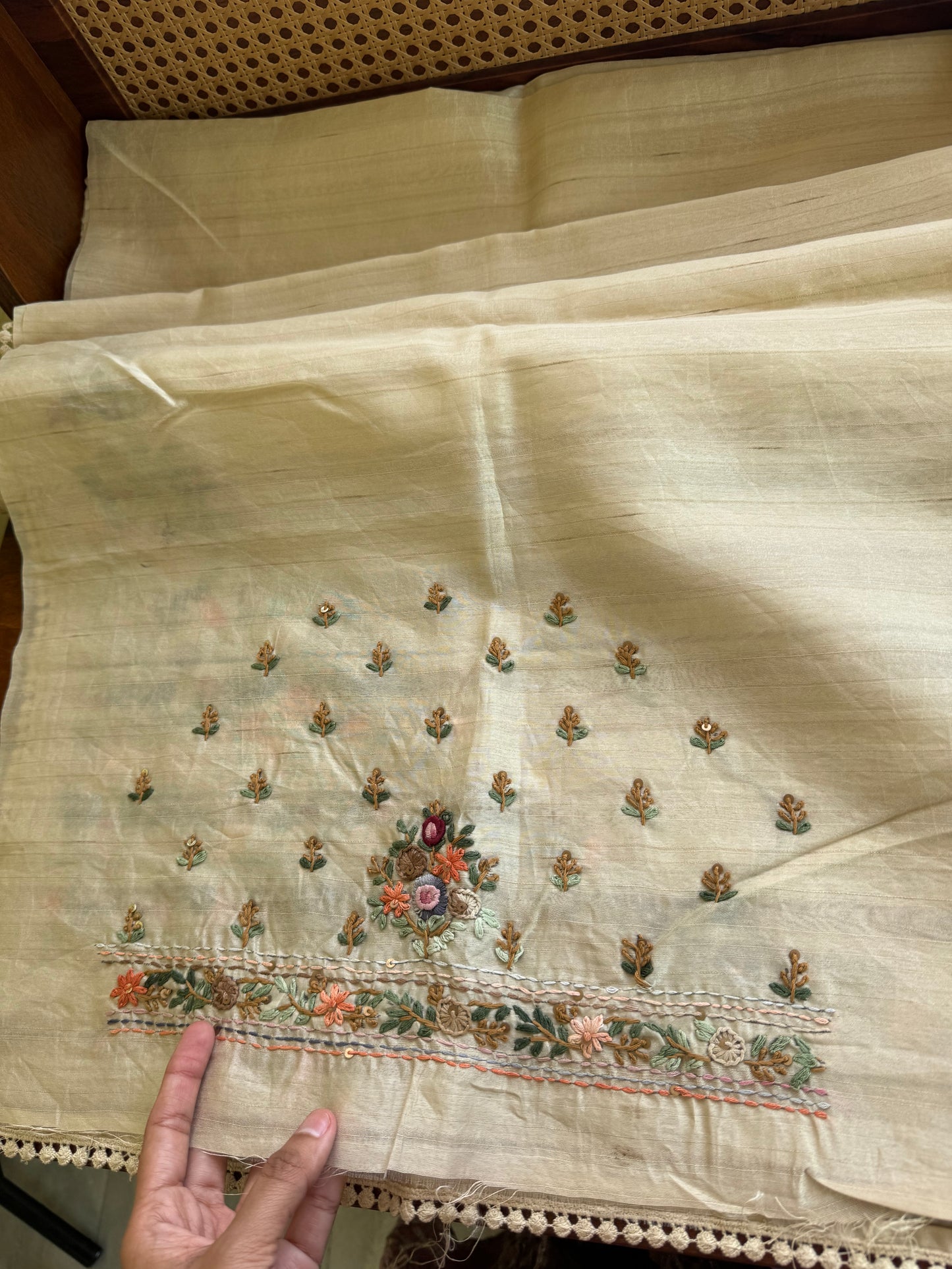 Hand Embroidered Tussar Blend Saree with heavy blouse  - Beige
