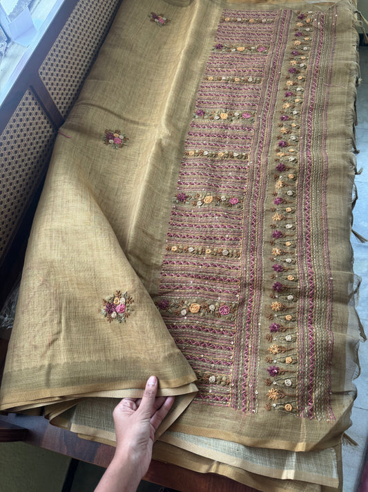 Premium Tissue Linen Sarees with heavy blouse - Henna Green