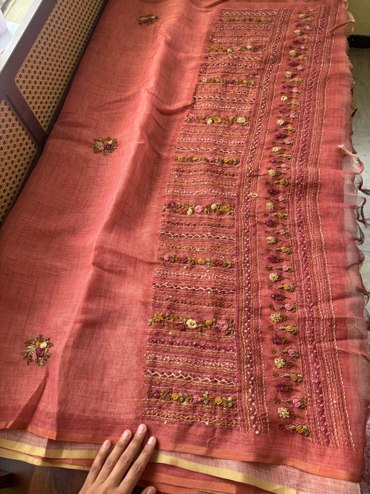 Premium Tissue Linen Sarees with heavy blouse - Peach