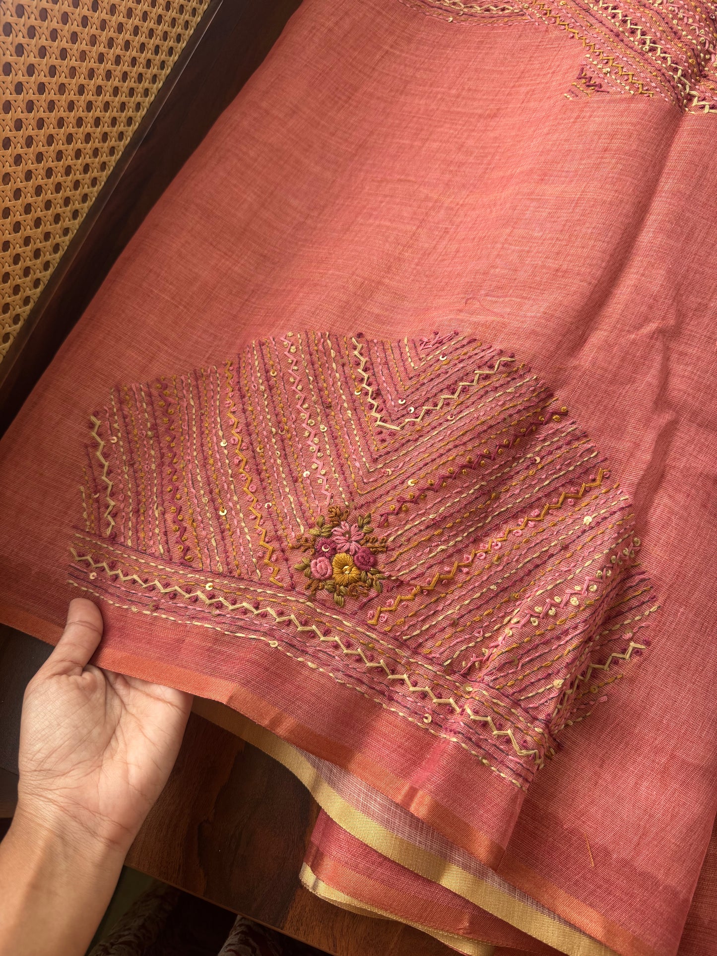 Premium Tissue Linen Sarees with heavy blouse - Peach