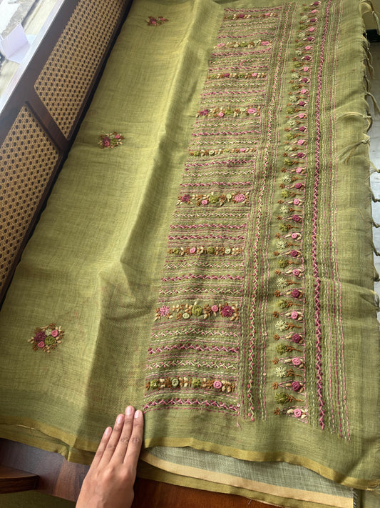 Premium Tissue Linen Sarees with heavy blouse - Green