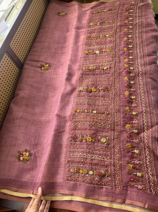 Premium Tissue Linen Sarees with heavy blouse - Pink