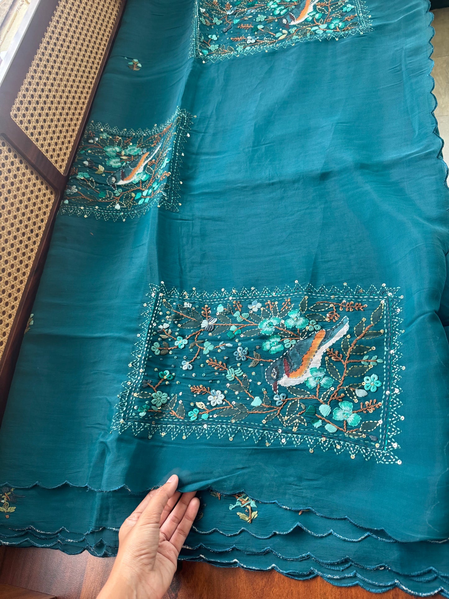 Mul Chanderi Handwork Sarees - Peacock Blue