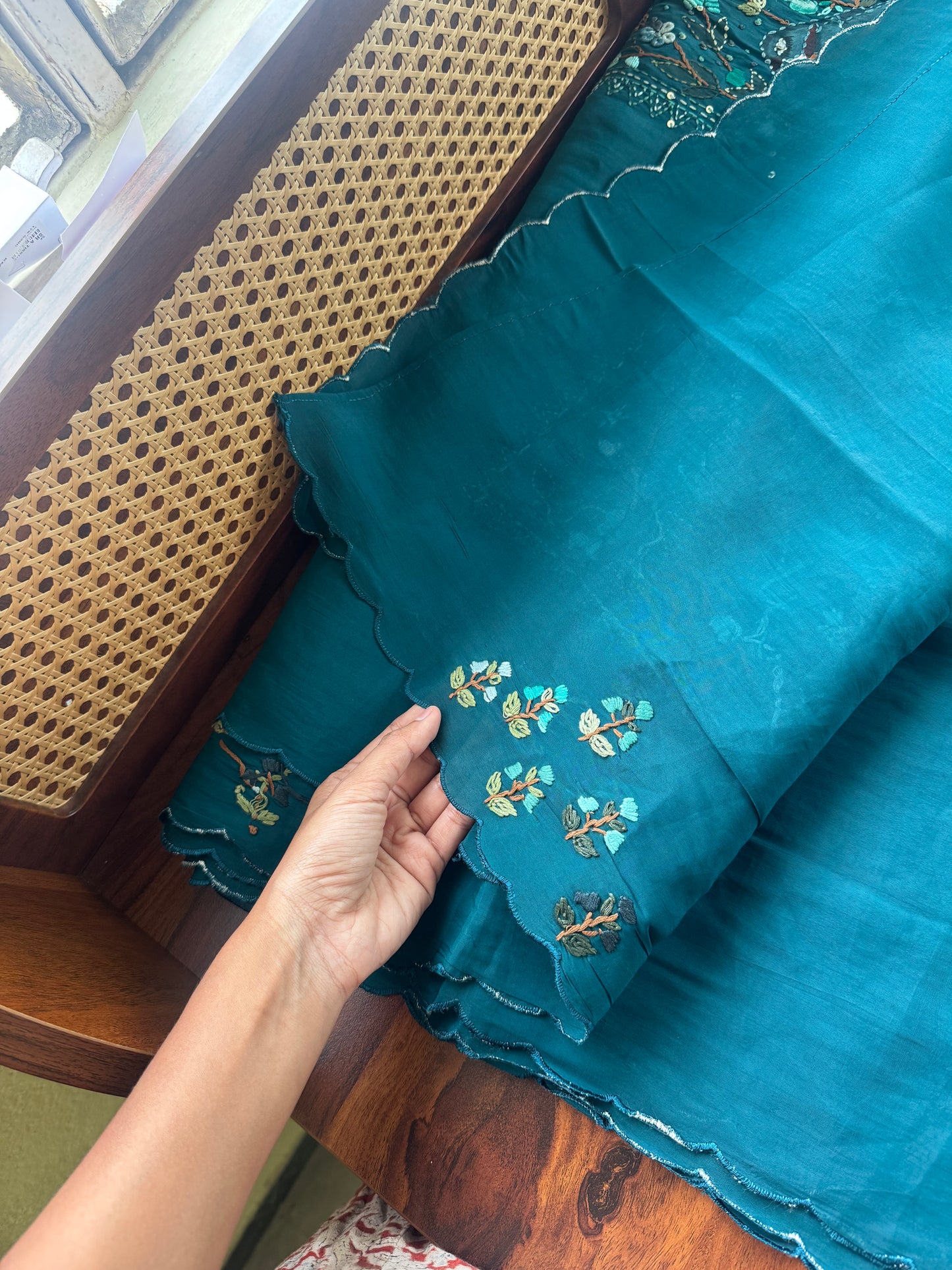 Mul Chanderi Handwork Sarees - Peacock Blue