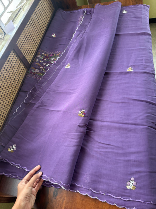 Mul Chanderi Handwork Sarees - Violet