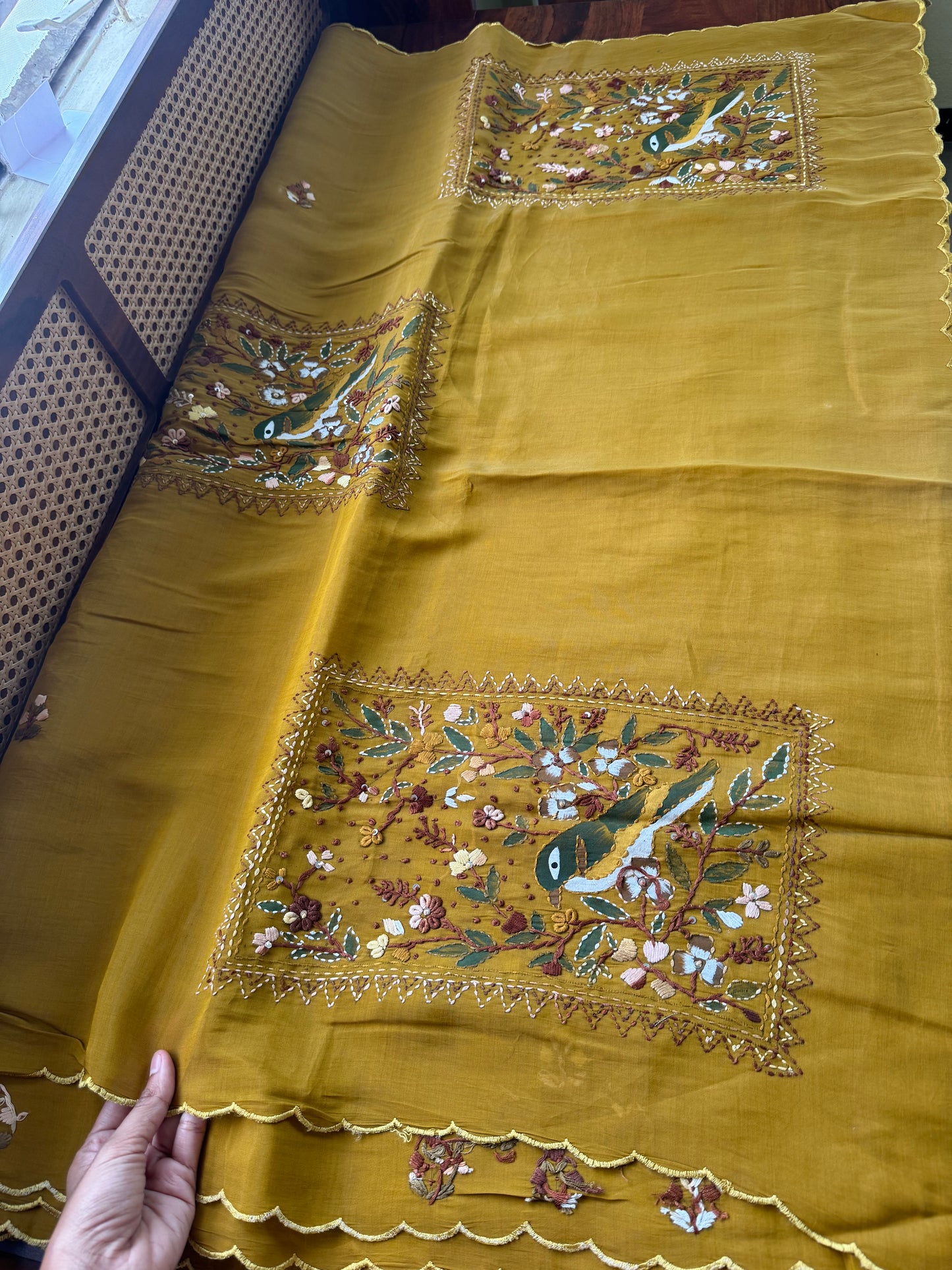 Mul Chanderi Handwork Sarees - Henna Green