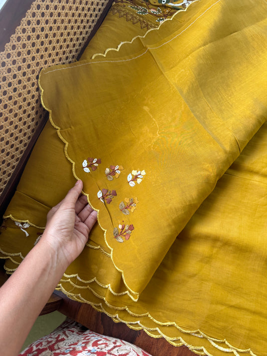 Mul Chanderi Handwork Sarees - Henna Green