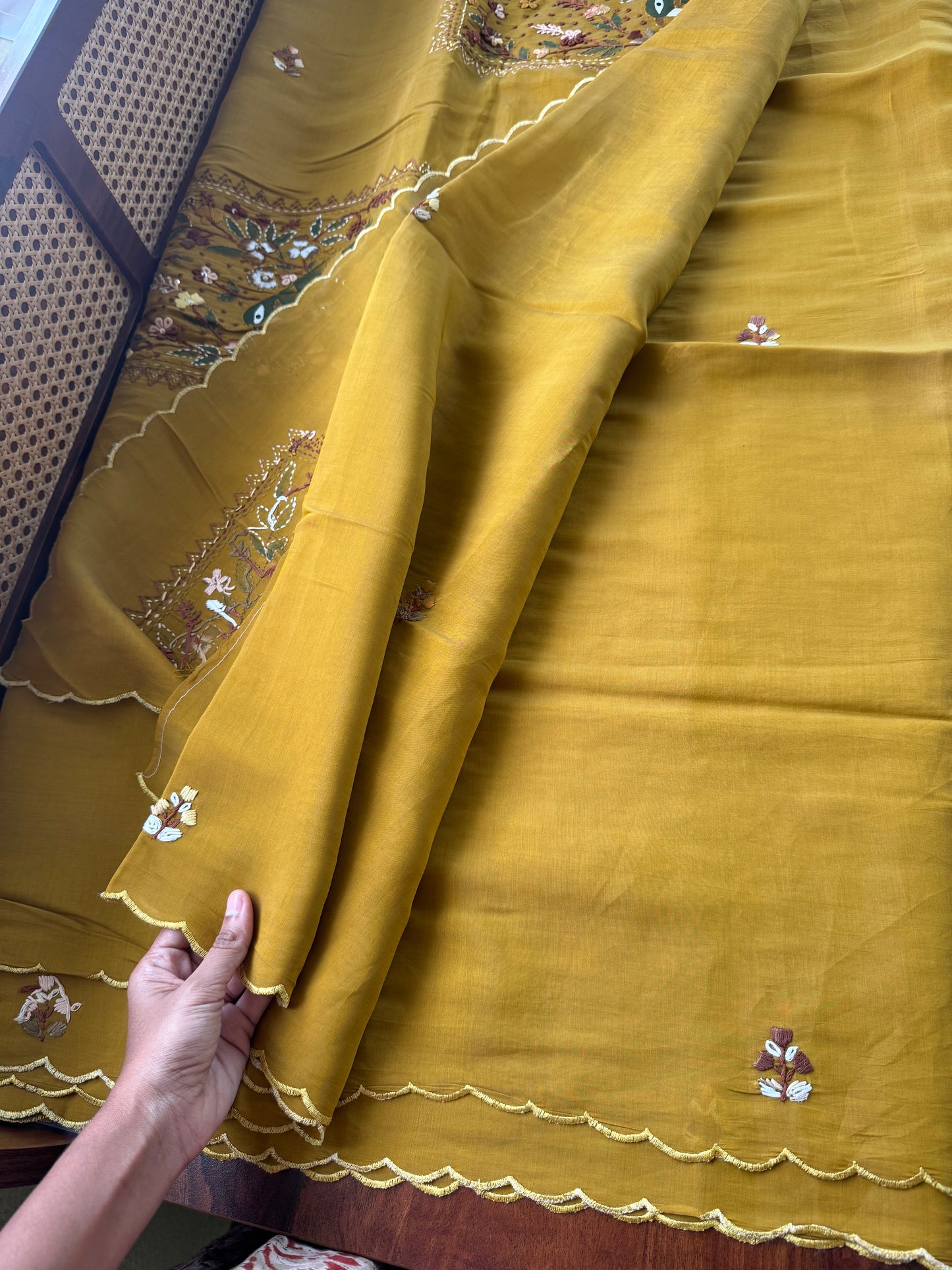 Mul Chanderi Handwork Sarees - Henna Green