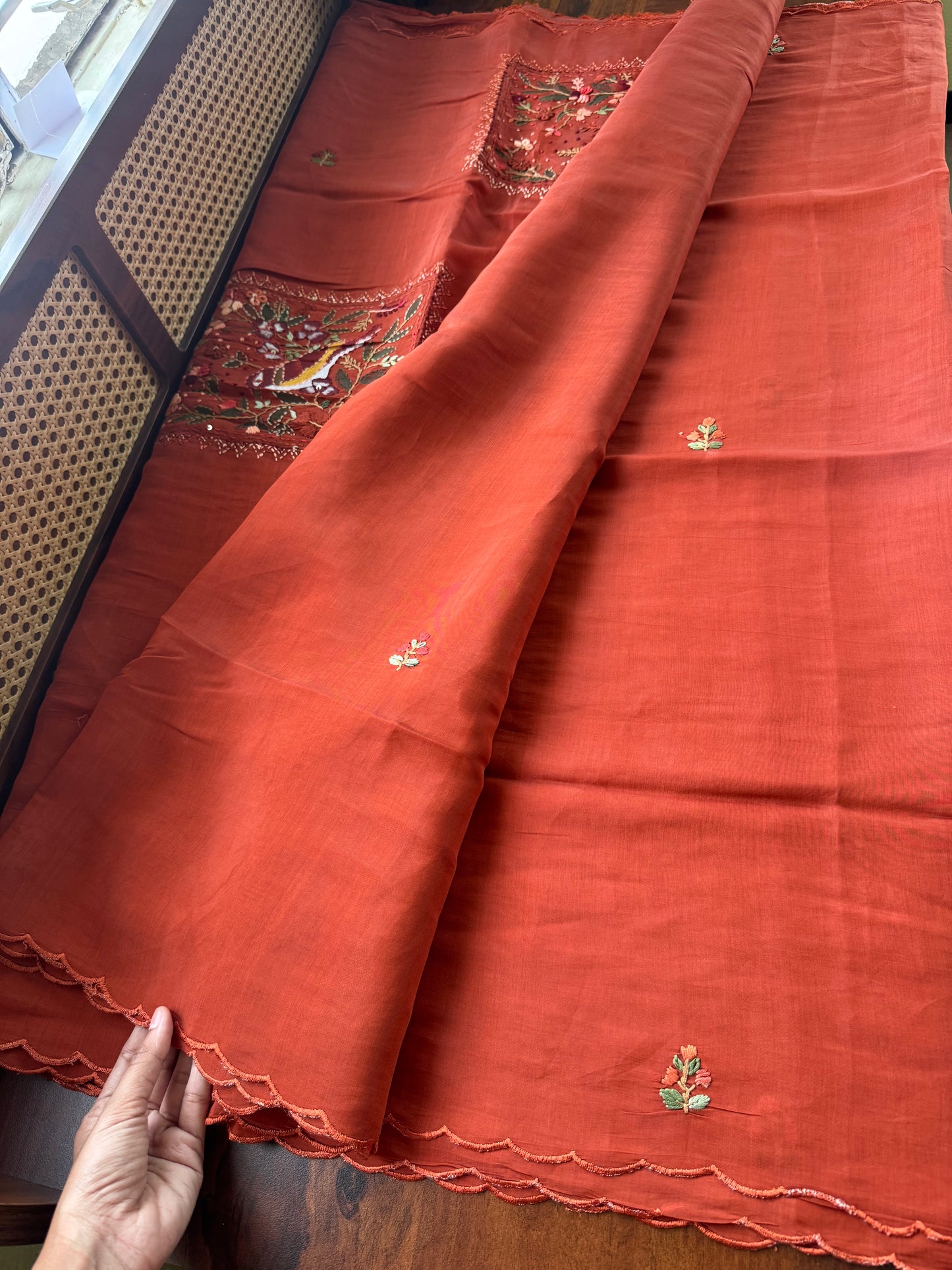 Mul Chanderi Handwork Sarees - Rust Orange