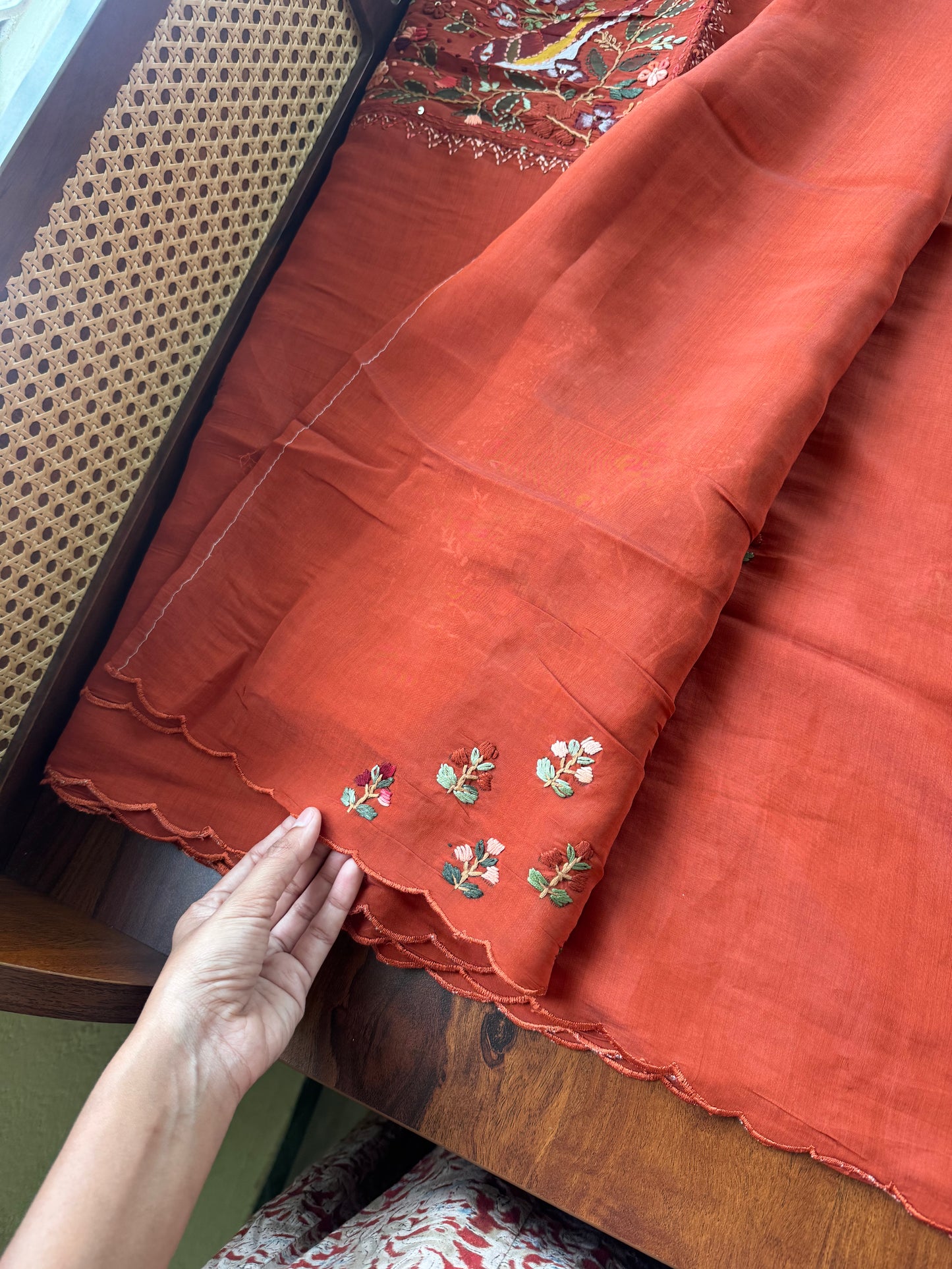 Mul Chanderi Handwork Sarees - Rust Orange