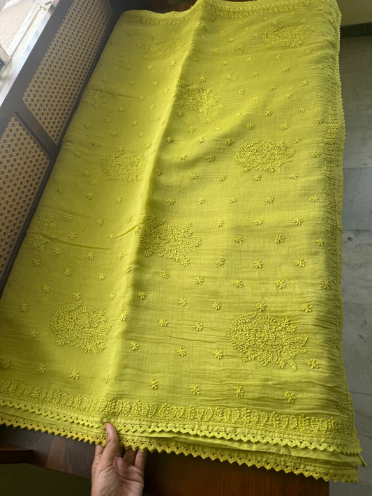 Pure Mul Chanderi Chikankari Saree with Jaal Pallu & Blouse - Green