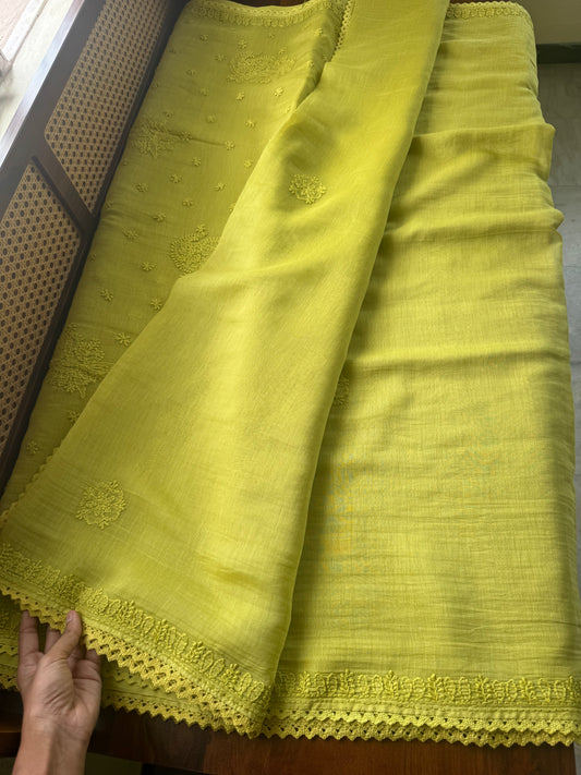 Pure Mul Chanderi Chikankari Saree with Jaal Pallu & Blouse - Green