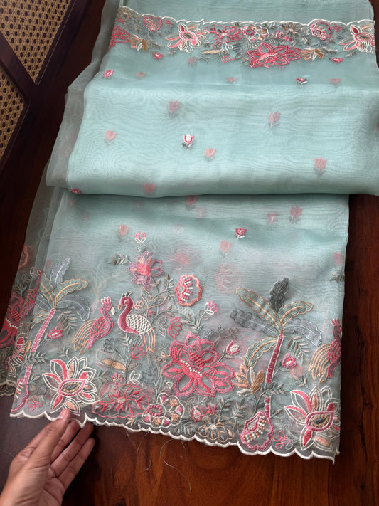Delicate Tissue Organza Saree - Aqua Blue